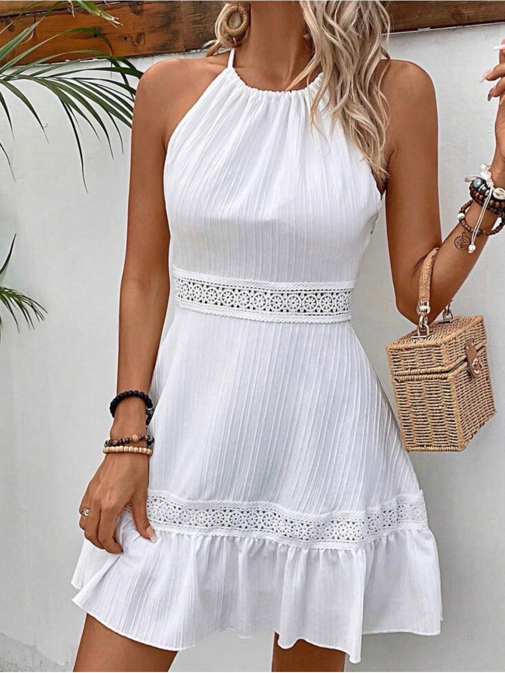 SHEIN LUNE Guipure Lace Panel Backless Ruffle Hem Dress